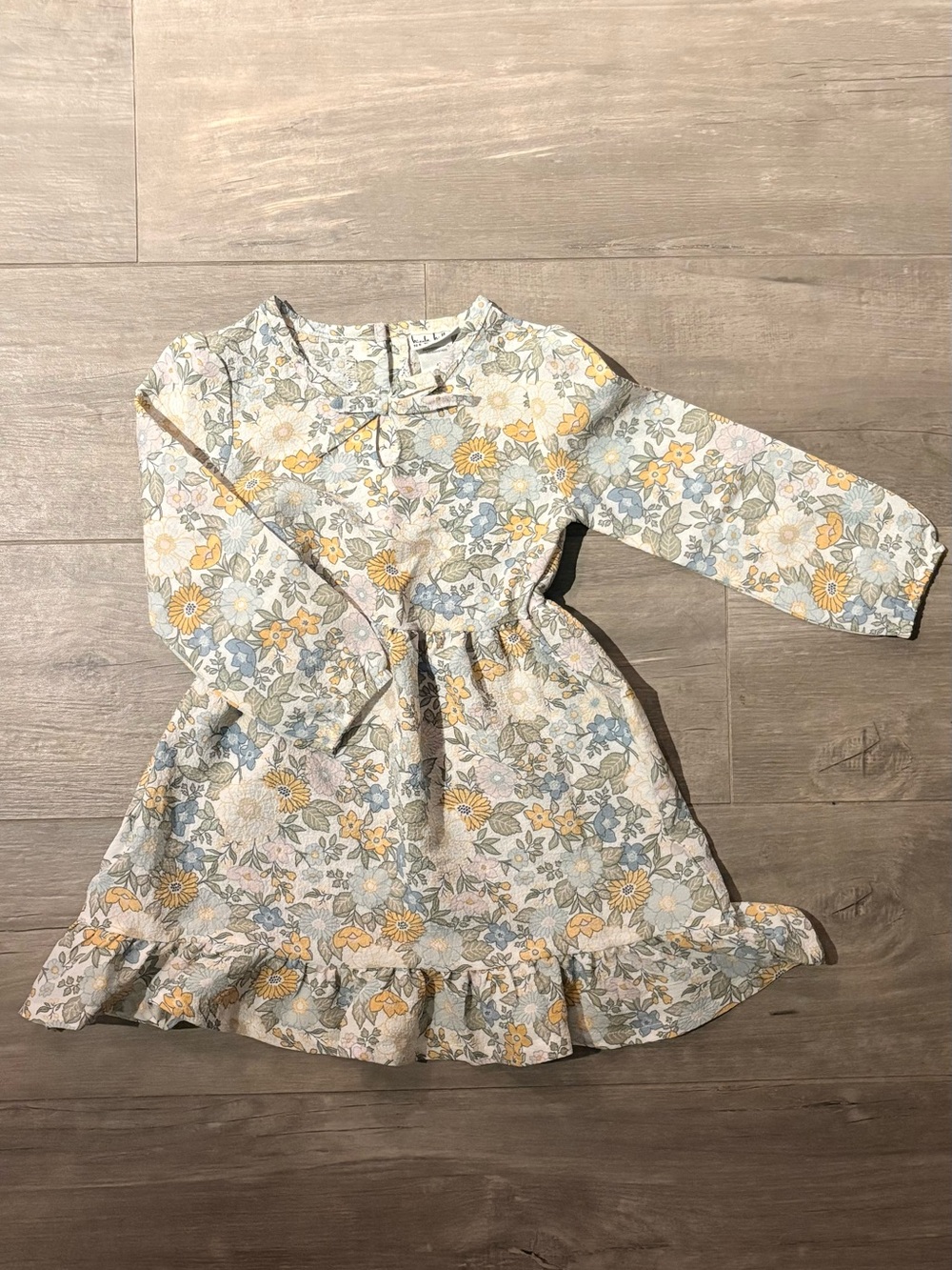 Girls' Floral Long-Sleeve Ruffle Hem Dress - Yellow & Blue